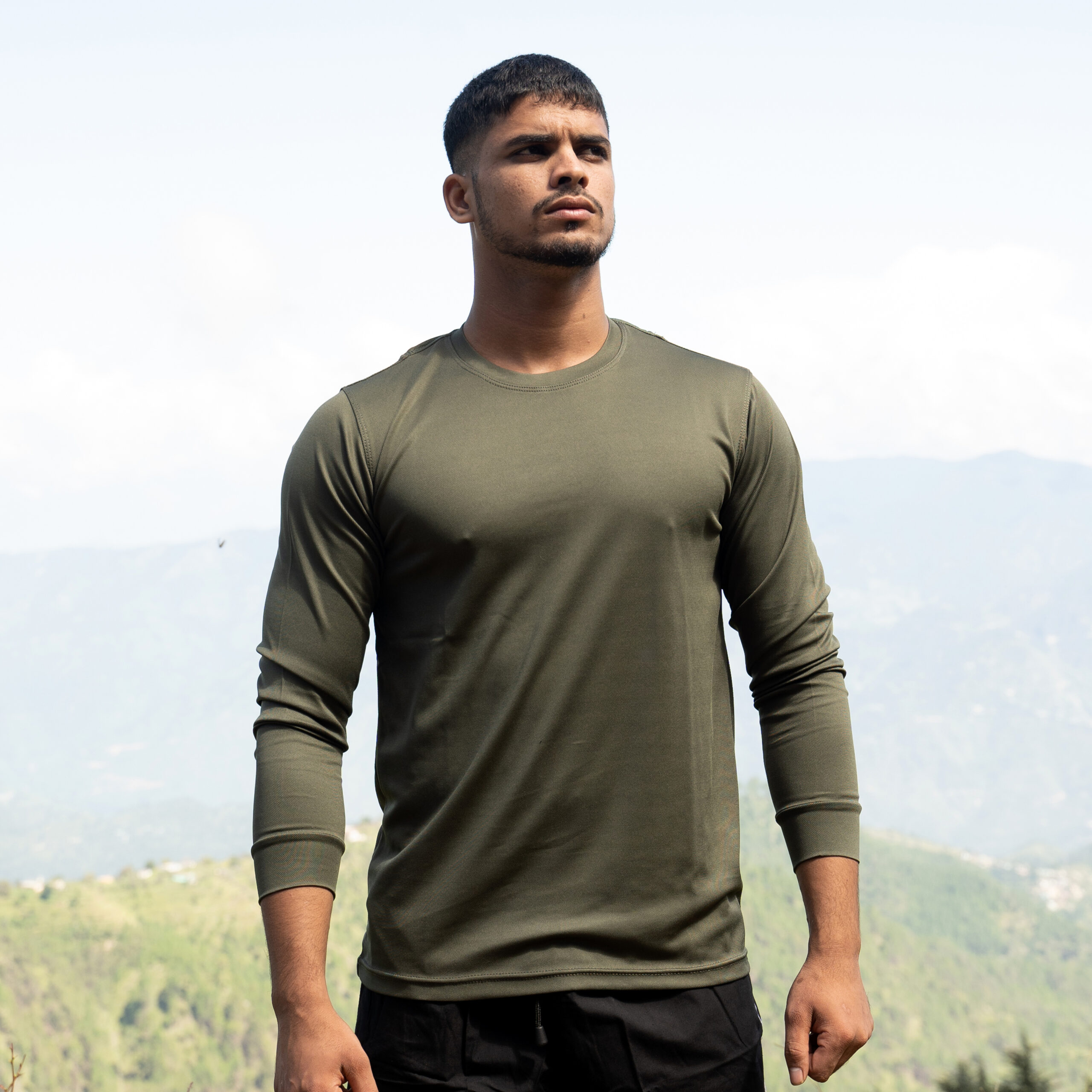 T-Shirt Round Neck Full Sleeves - Micro - Military Green (20421) Front copy