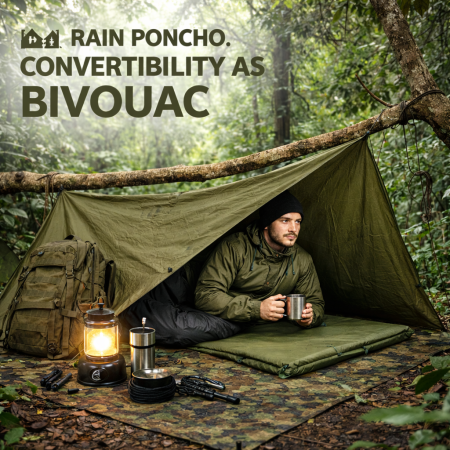 Multi Purpose 100% Nylon Rain Poncho Convertibility as Bivouac - Single Layered - Solid